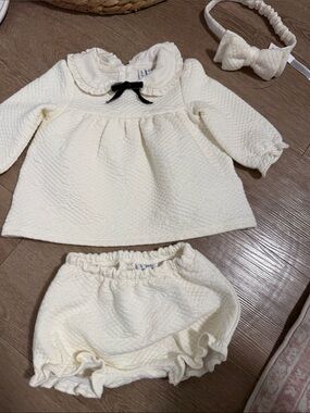 Janie and Jack Cream Quilted Top, Bloomers & Bow Headband